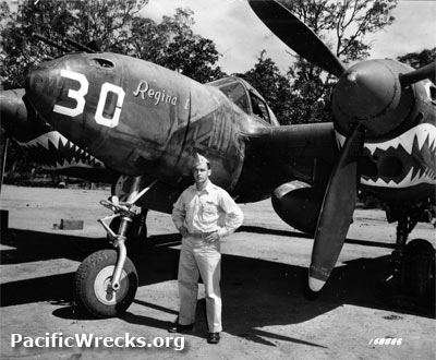 Pacific Wrecks - 1st Richard C. Suehr with P-38F Regina I 42-12654 parked  at 14 Mile Drome (Schwimmer)