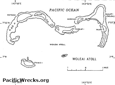 Pacific Wrecks - Map of Woleai Atoll area